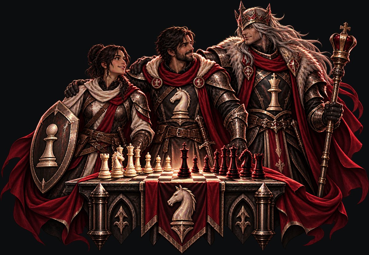 A player behind a pawn shield, a knight and a crowned king shoulder to shoulder over one board - every level at the same tables