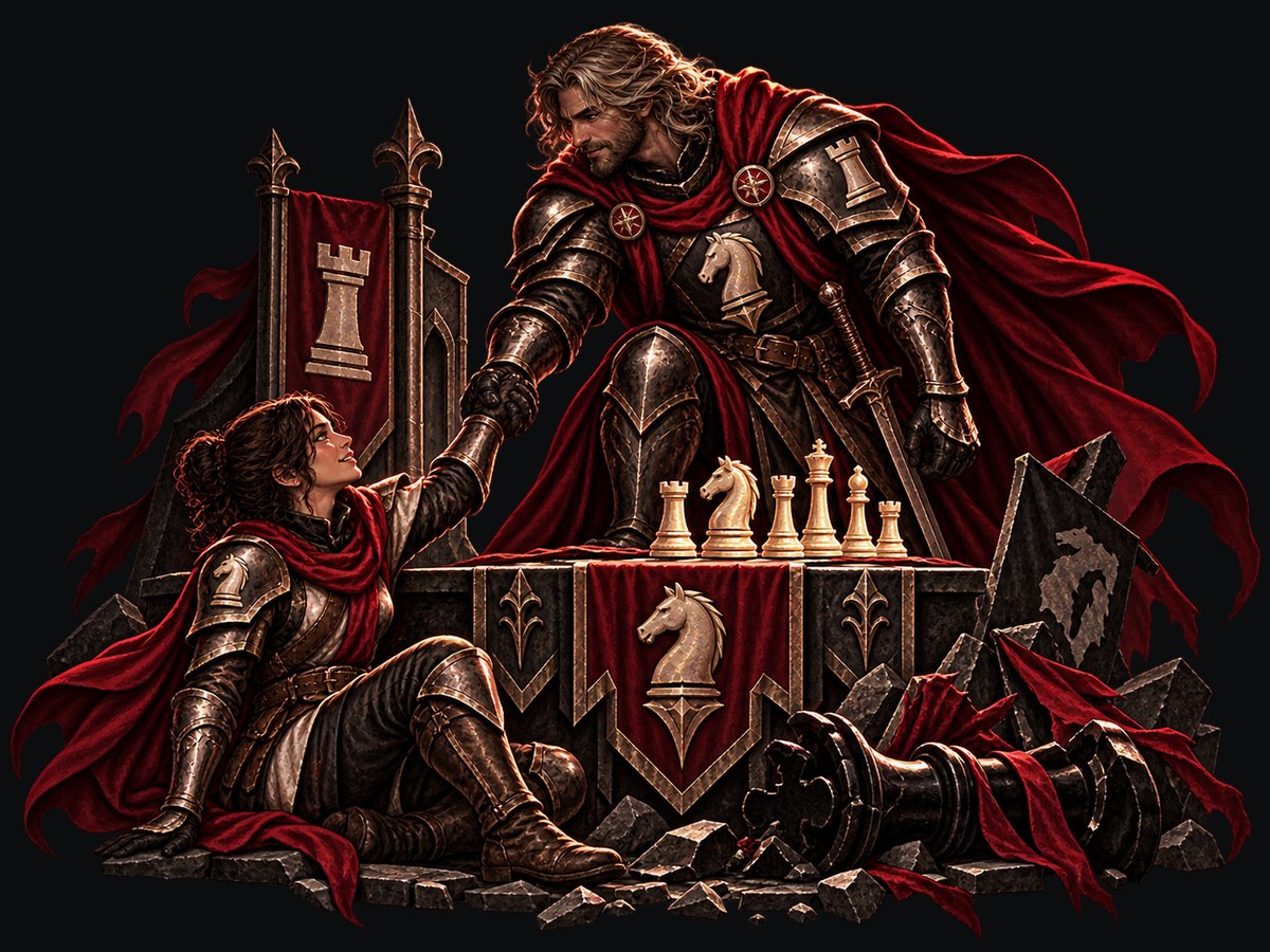 A knight in heavy armour reaching down to pull a fallen player back to their feet beside the board
