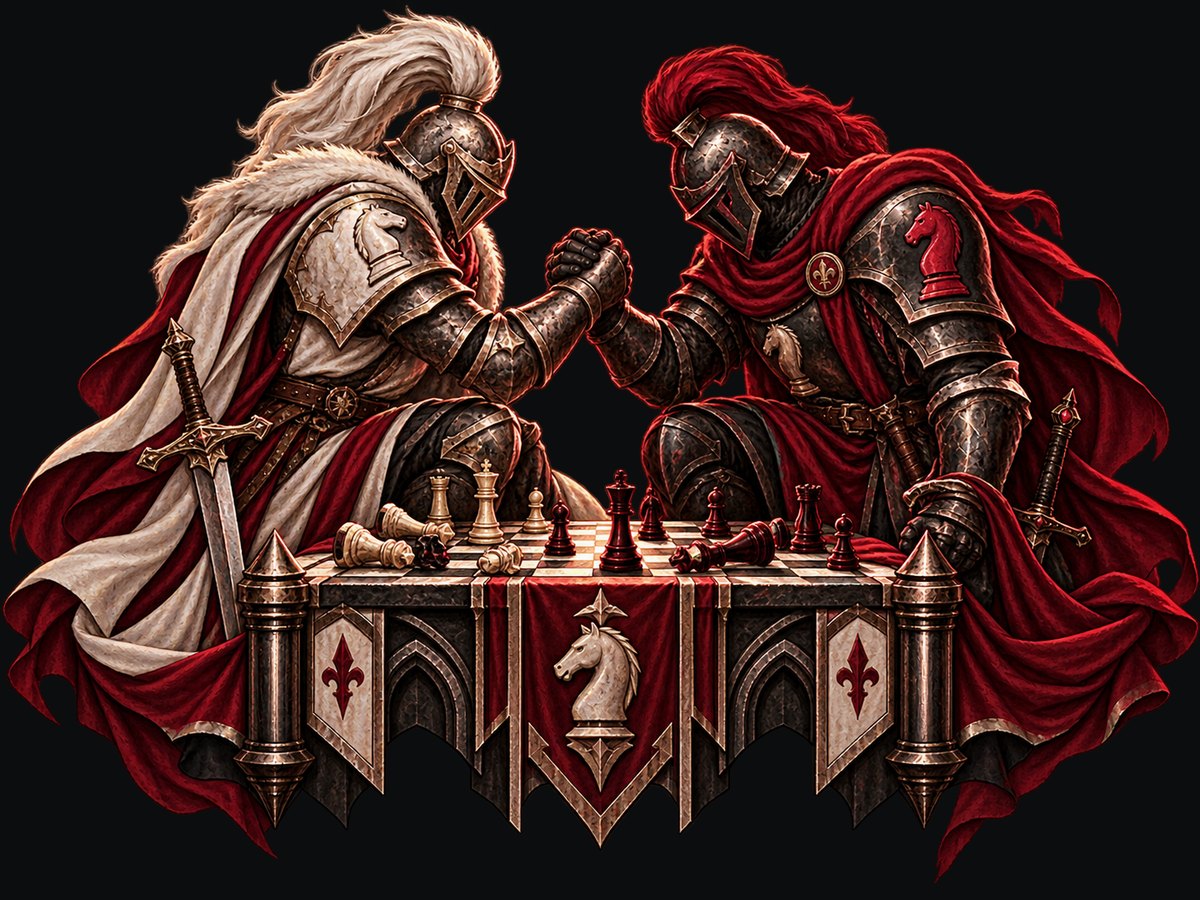 Two armoured knights clasping hands across the board at the end of a game