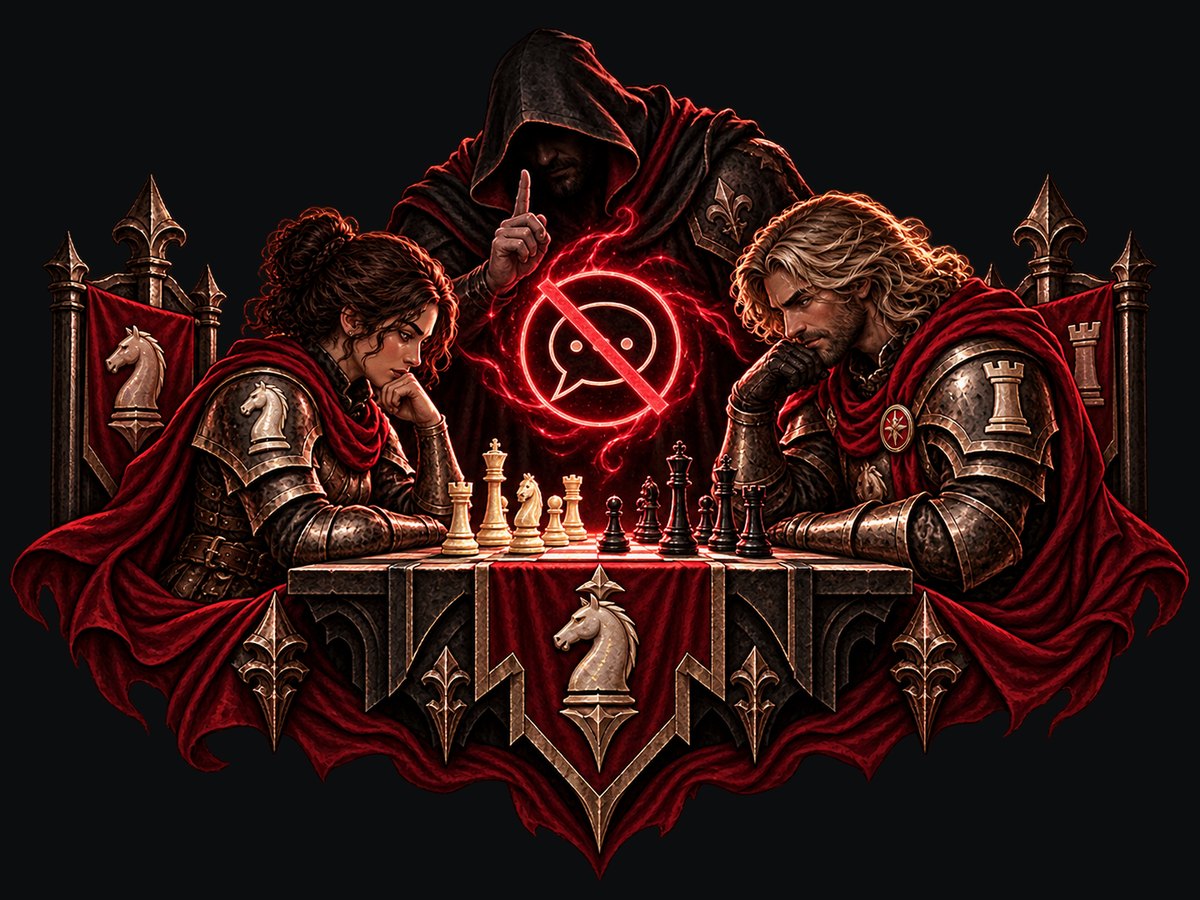 Two players thinking over a game while a hooded onlooker holds a finger to their lips under a crossed-out speech bubble