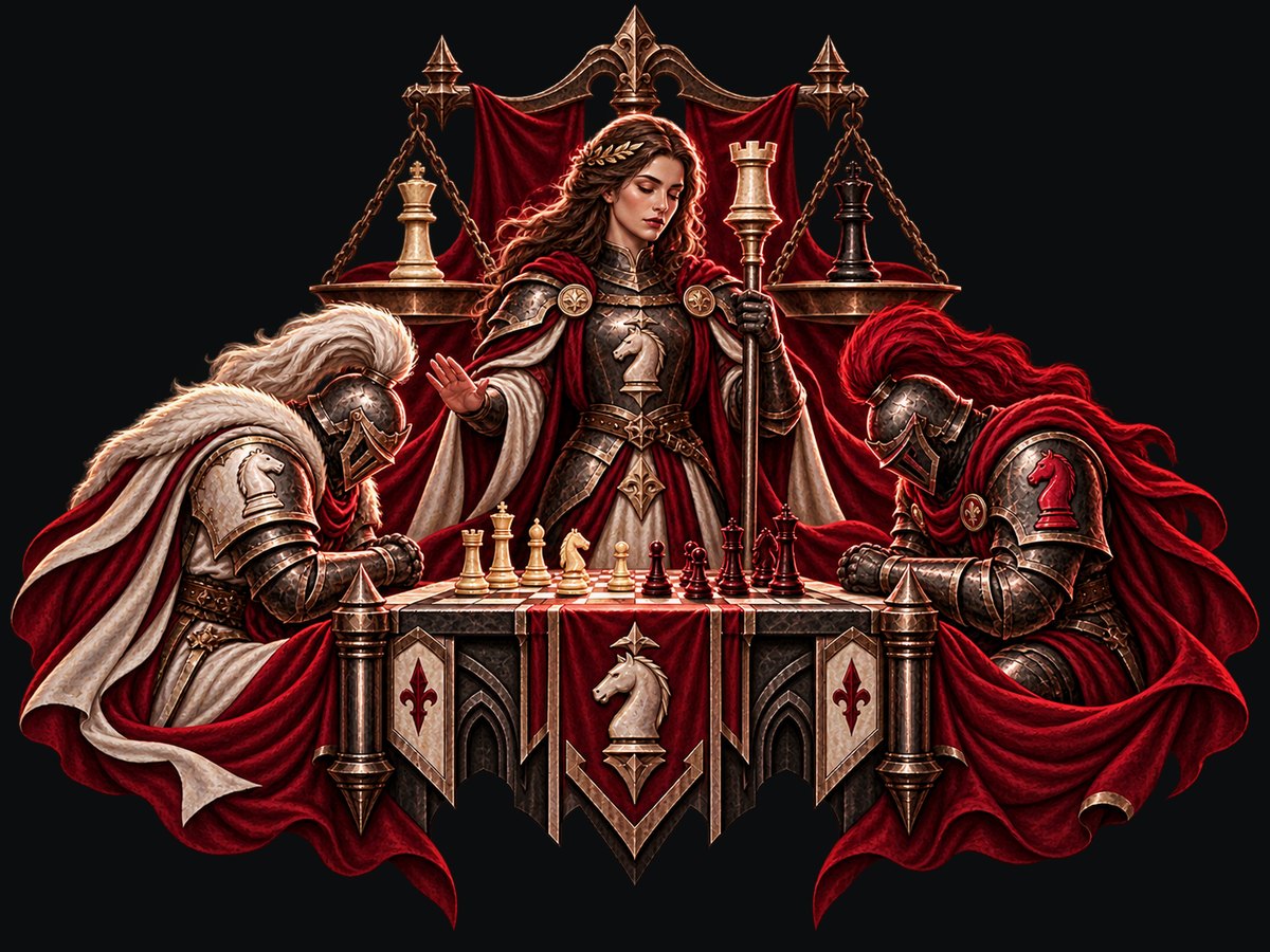 An arbiter with scales above the board raising a hand between two seated players