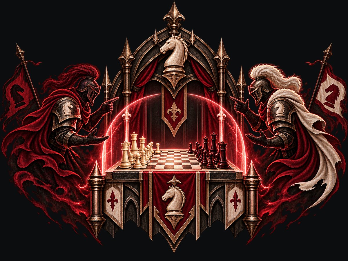 Two knights arguing across the board, held apart by a glowing barrier that leaves the game between them