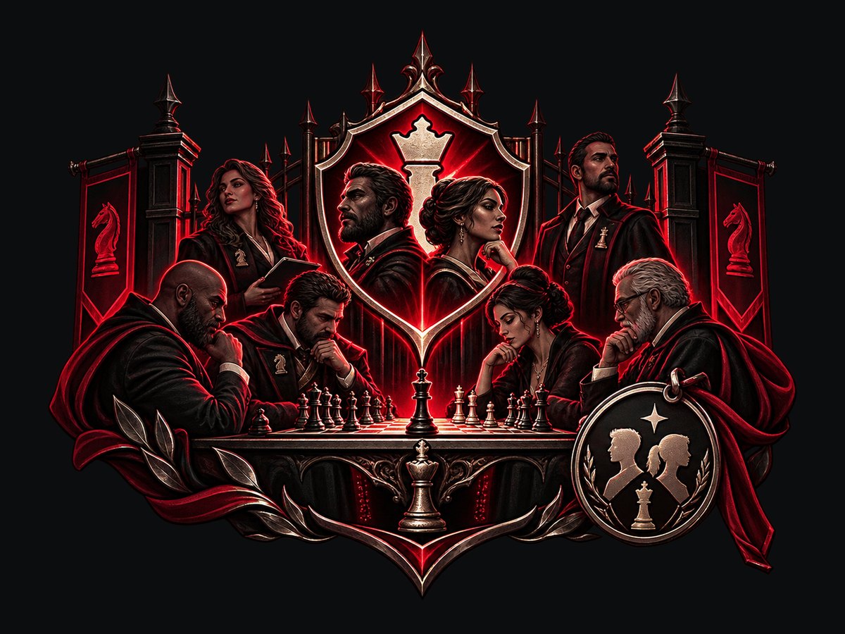 A room of adult players around one board behind a gated crest, an age token hanging beside them