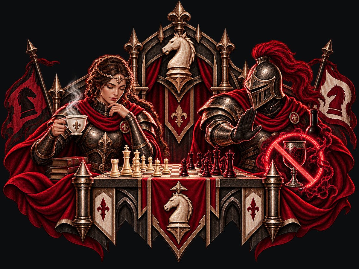 A player with a hot cup over the board while a knight waves off a goblet under a crossed-out sign
