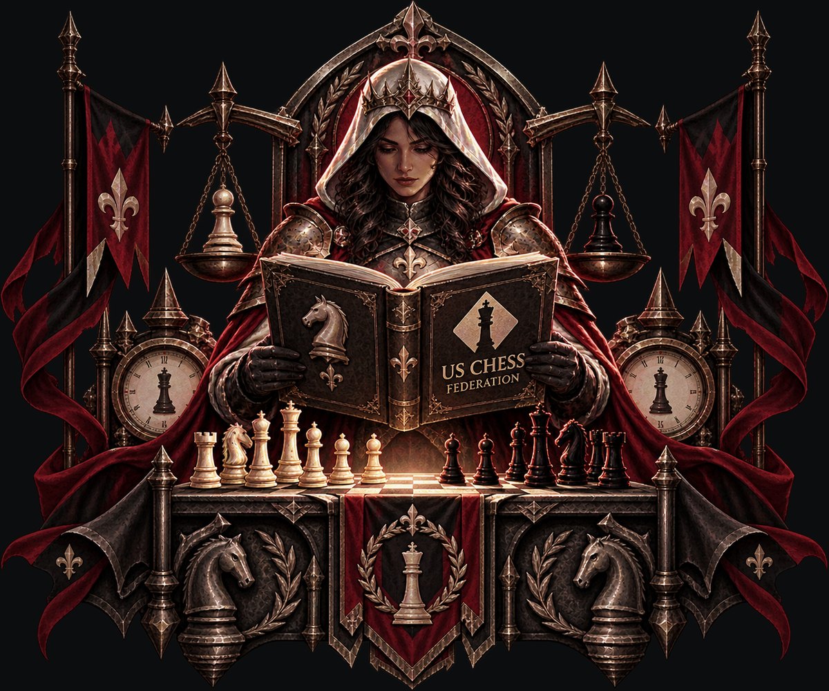 An arbiter reading the US Chess Federation rulebook over a set board, scales and clocks behind her