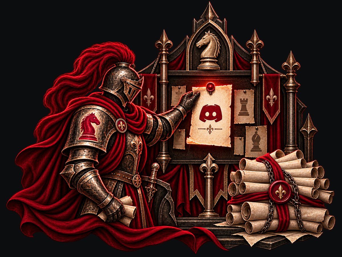 A herald pinning one Discord notice to the board, a bundle of unposted scrolls chained shut beside it
