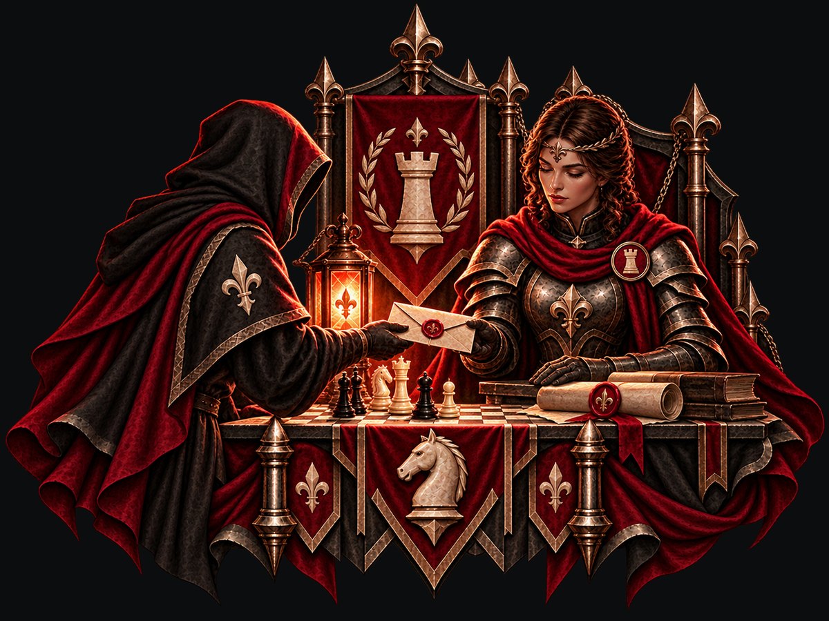 A hooded member handing a sealed letter across the board to an officer by lantern light