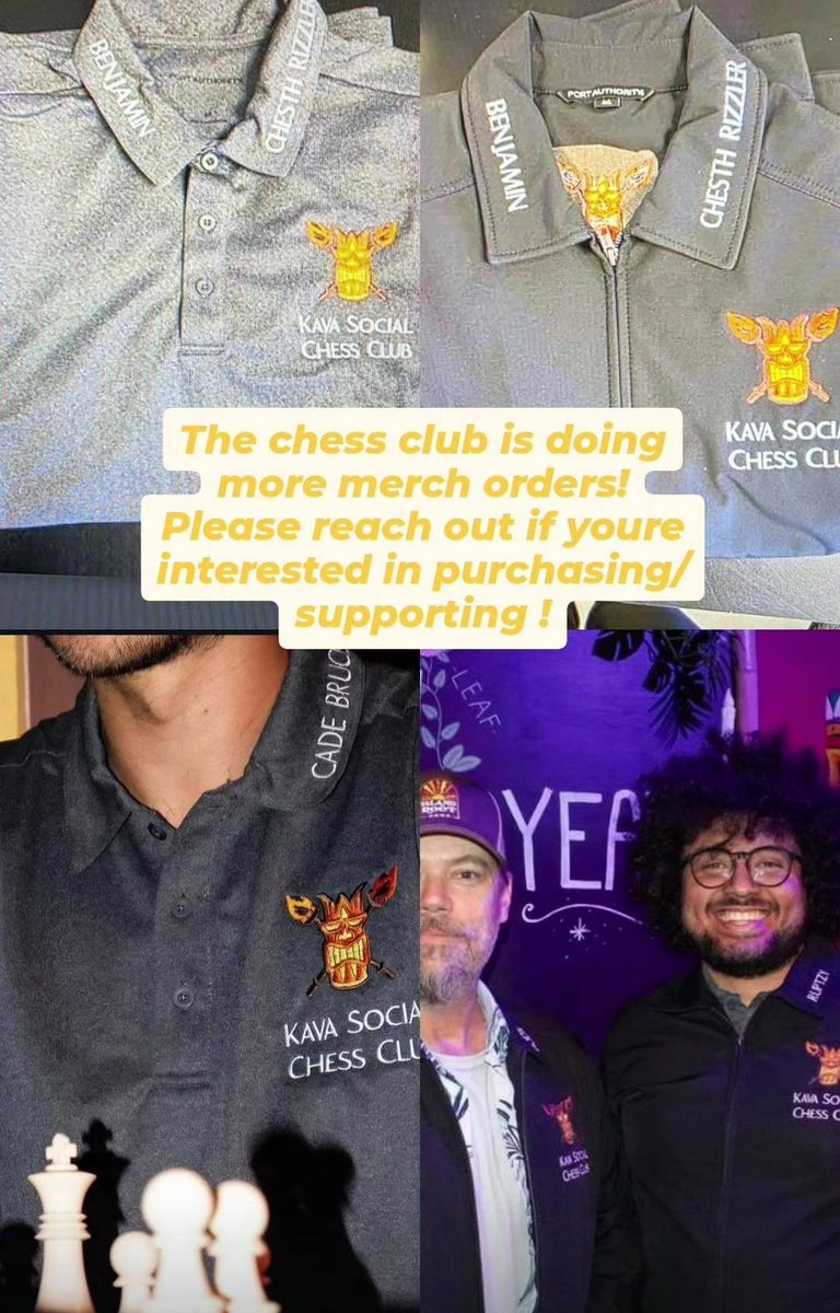 Polos y chaquetas del Kava Social Chess Club: el emblema bordado en el pecho, el nombre de un miembro en el cuello