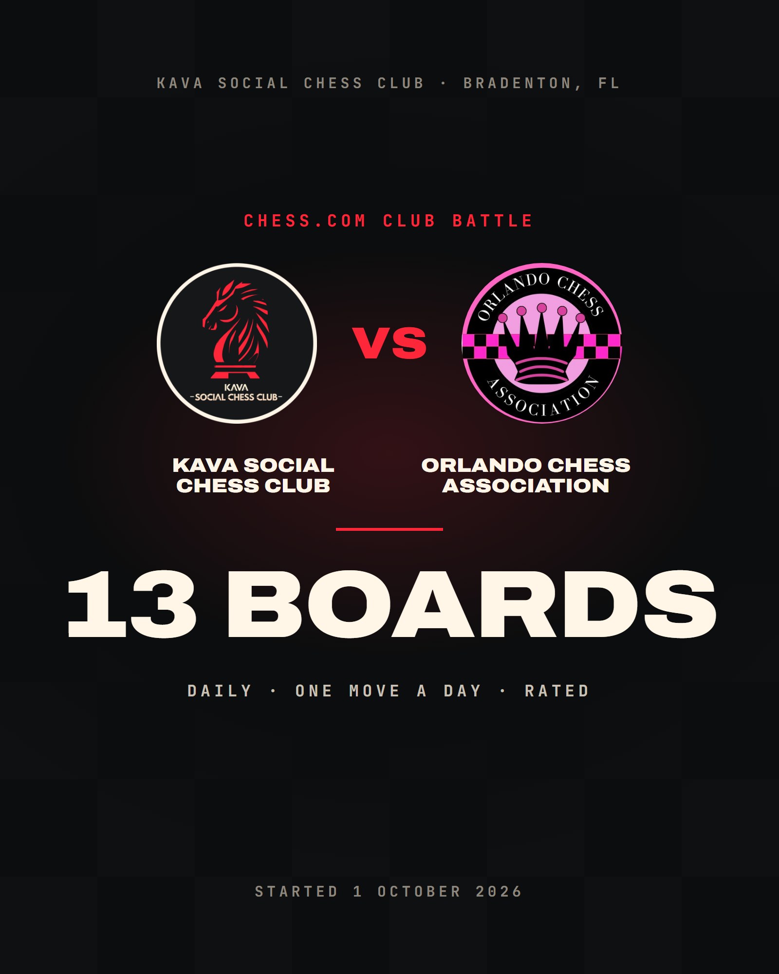Match card: Kava Social Chess Club versus Orlando Chess Association, a chess.com club battle on 13 boards, daily games, started 1 October 2026