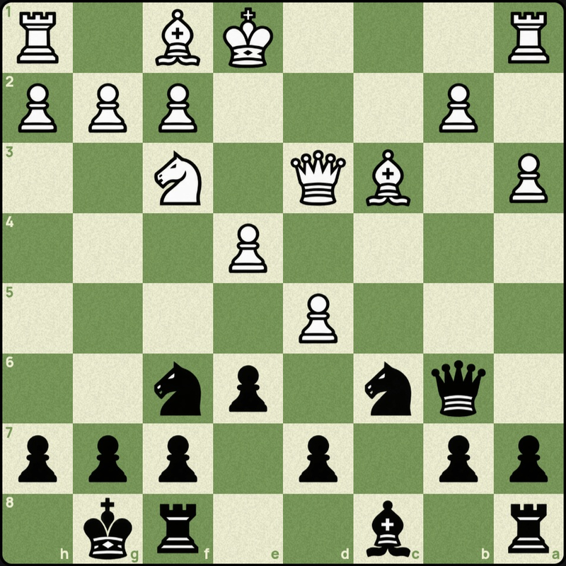 Chess diagram from Black’s side: White pawns on d5 and e4, White king on e1, black knights on c6 and f6, black queen on b6. Black to move.