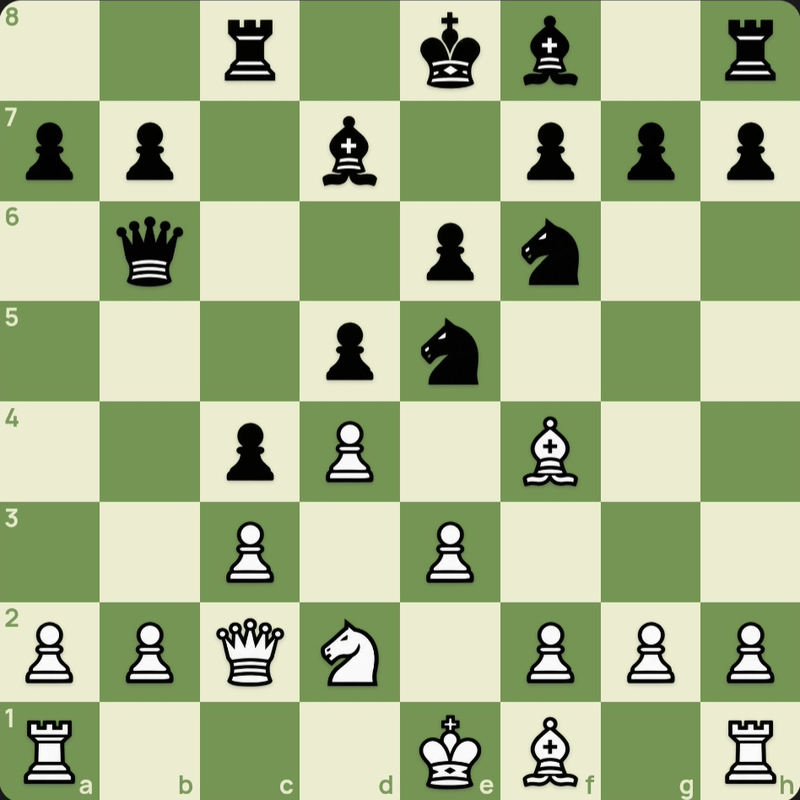 Chess diagram: a black knight on e5 attacked by White’s bishop on f4 and pawn on d4, black queen on b6, both kings uncastled. White to move.