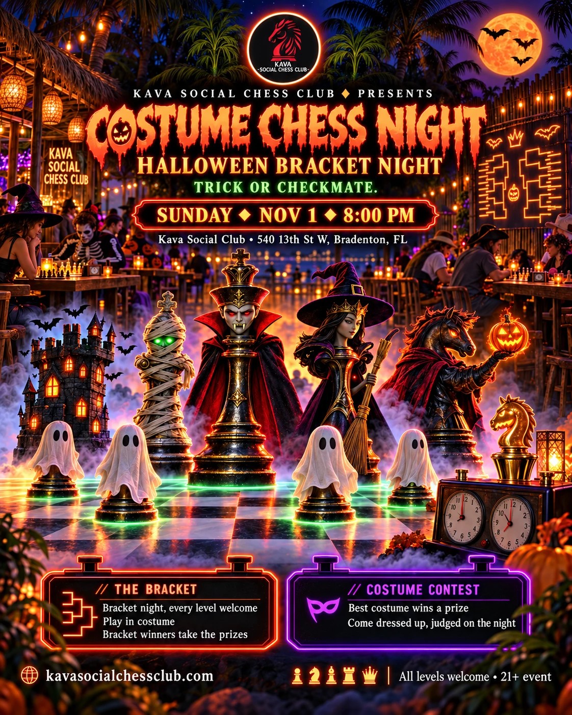 Costume Chess Night flyer: chess pieces dressed as a vampire king, a witch queen, a mummy bishop, a headless-horseman knight, a haunted-castle rook and ghost pawns. Halloween Bracket Night, Sunday November 1, 8 PM, Kava Social Club, 540 13th St W, Bradenton. Costume contest with a prize.